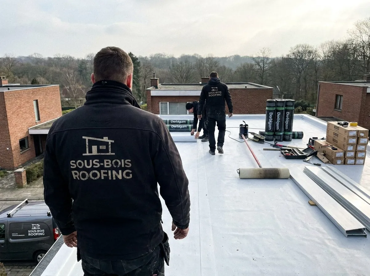 Équipe de Sous-Bois Roofing posant l'étanchéité d'un toit plat à Watermael-Boitsfort, rouleaux de membrane et forêt de Soignes en arrière-plan
