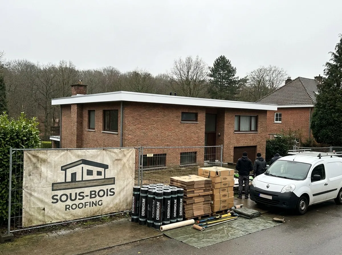 Chantier de Sous-Bois Roofing devant une villa à toit plat de Watermael-Boitsfort : bâche de l'entreprise, rouleaux de membrane et camionnette
